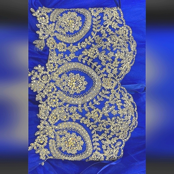 Dancing Queen Hand Beaded Strapless Blue/gold Crystal Embellished Dress Sz Large - Picture 3 of 14